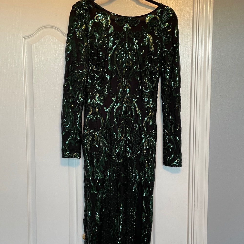 Windsor long-sleeved, low-back dress w/ slit